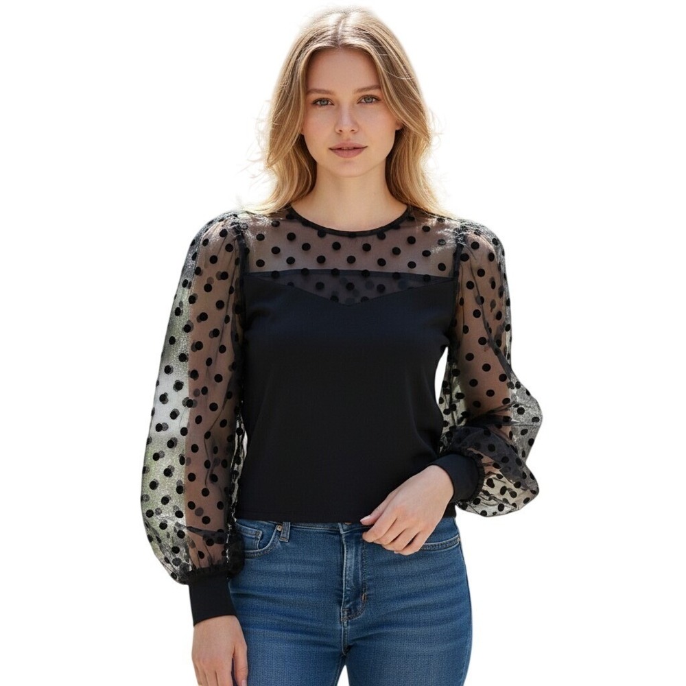 Sheer Mesh Puff Sleeve Blouse Top Size M Polka Dot Ballon Sleeve Gothwhimsy